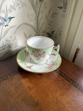 PHOENIX tea cup and saucer Green Gold Trim Primrose teacup England 1940s set